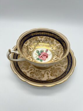 VINTAGE Paragon Teacup Saucer • Cobalt Blue Gold Gilt • Pink Rose • England